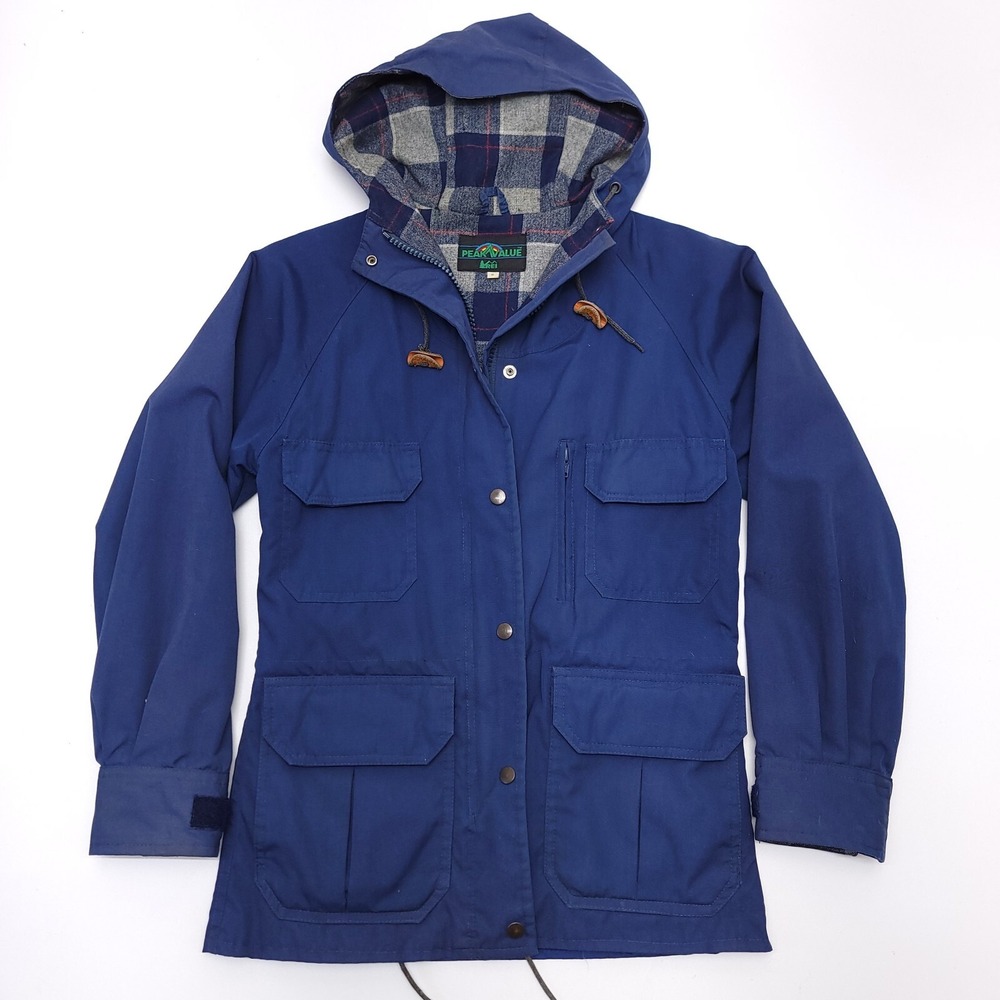 Vintage REI Jacket Women's XS Blue Hooded Plaid Wool Lined Coat Parka Retro